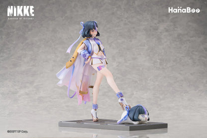 Goddess of Victory Nikke Syuen Deluxe Edition 1/6 Scale Figure featuring Syuen in a white-and-purple outfit with ribbon details, themed base, chibi mascot accent, can badge, and acrylic-style bonus artwork.