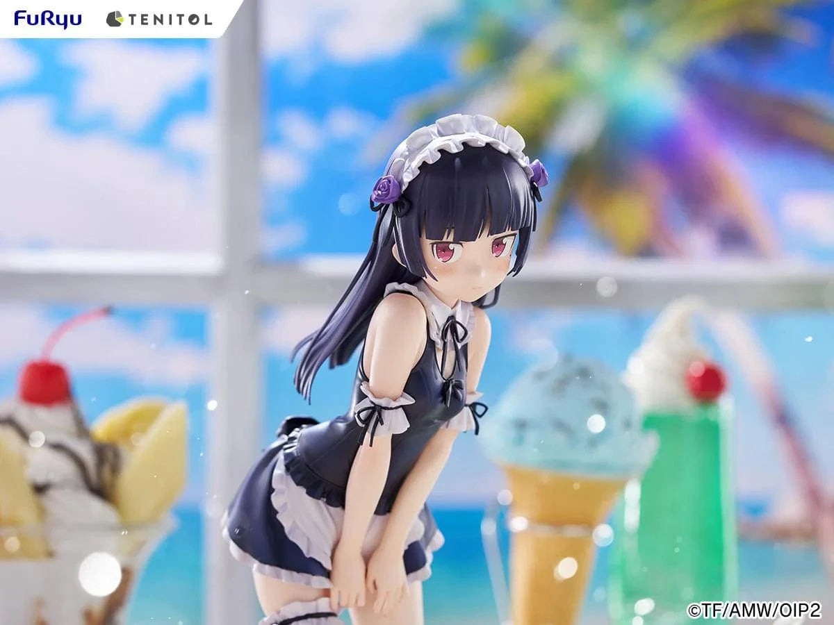 Oreimo Tenitol Tall Kuroneko Swimsuit Maid Ver. Figure featuring Kuroneko in a black-and-white maid swimsuit posing shyly by a dessert table with a beach backdrop