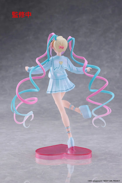 Needy Girl Overdose OMGKawaiiAngel Coreful Figure featuring a blonde-haired anime girl with blue eyes, long pink and blue twin-tails, a pastel-blue sailor-style outfit, yellow bow, and matching shoes posed on a pink heart-shaped base.