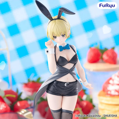 Strawberry 100% BiCute Bunnies Tsukasa Nishino figure wearing a black bunny outfit, blue bow tie, and fishnet stockings.