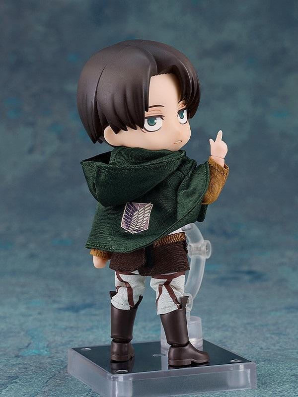 Attack on Titan Nendoroid Doll Levi (Rerelease) featuring a black-haired anime character with gray-blue eyes wearing a brown Survey Corps jacket, white shirt, harness straps, dark green cloak, and tall brown boots.