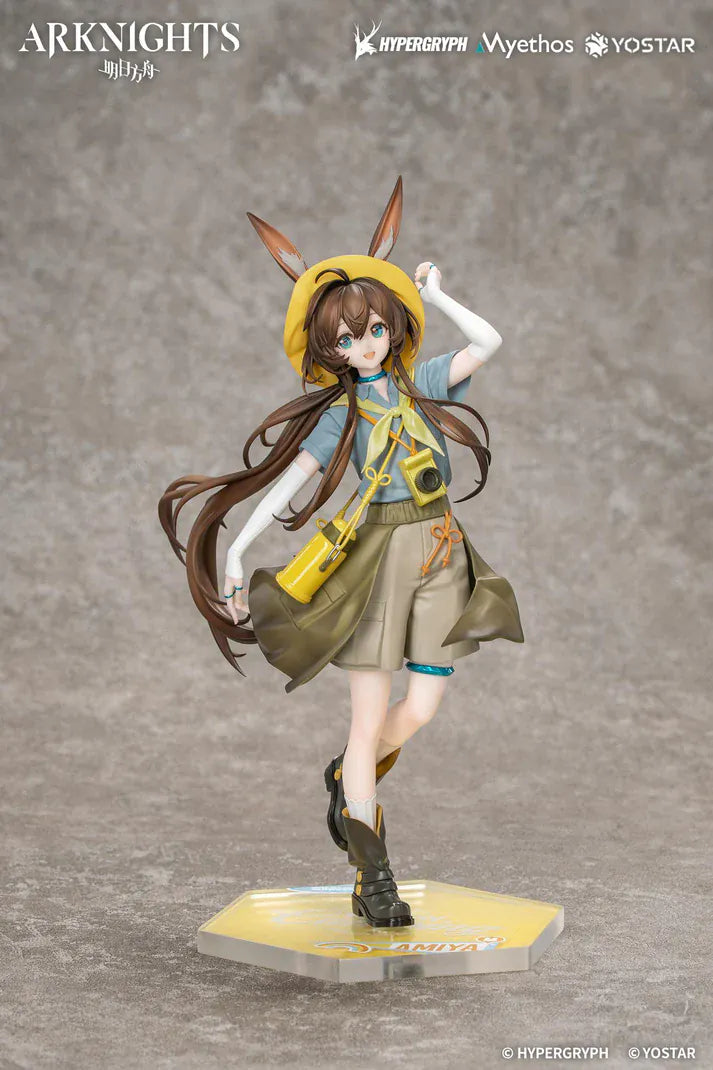 Arknights Gift+ Amiya Wildlight Wander Ver. 1/8 Scale Figure featuring Amiya with rabbit ears, hooded outfit, camera accessory, yellow bag, and themed display base.
