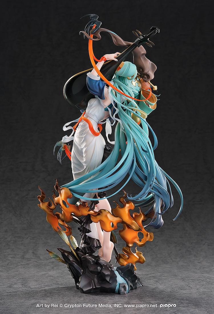 Hatsune Miku Shimian Maifu Ver. 1/7 scale figure featuring flowing turquoise hair, stringed instrument, orange ribbons, flame effects, and detailed fantasy outfit