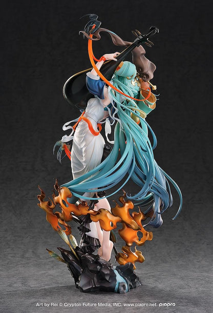 Hatsune Miku Shimian Maifu Ver. 1/7 scale figure featuring flowing turquoise hair, stringed instrument, orange ribbons, flame effects, and detailed fantasy outfit