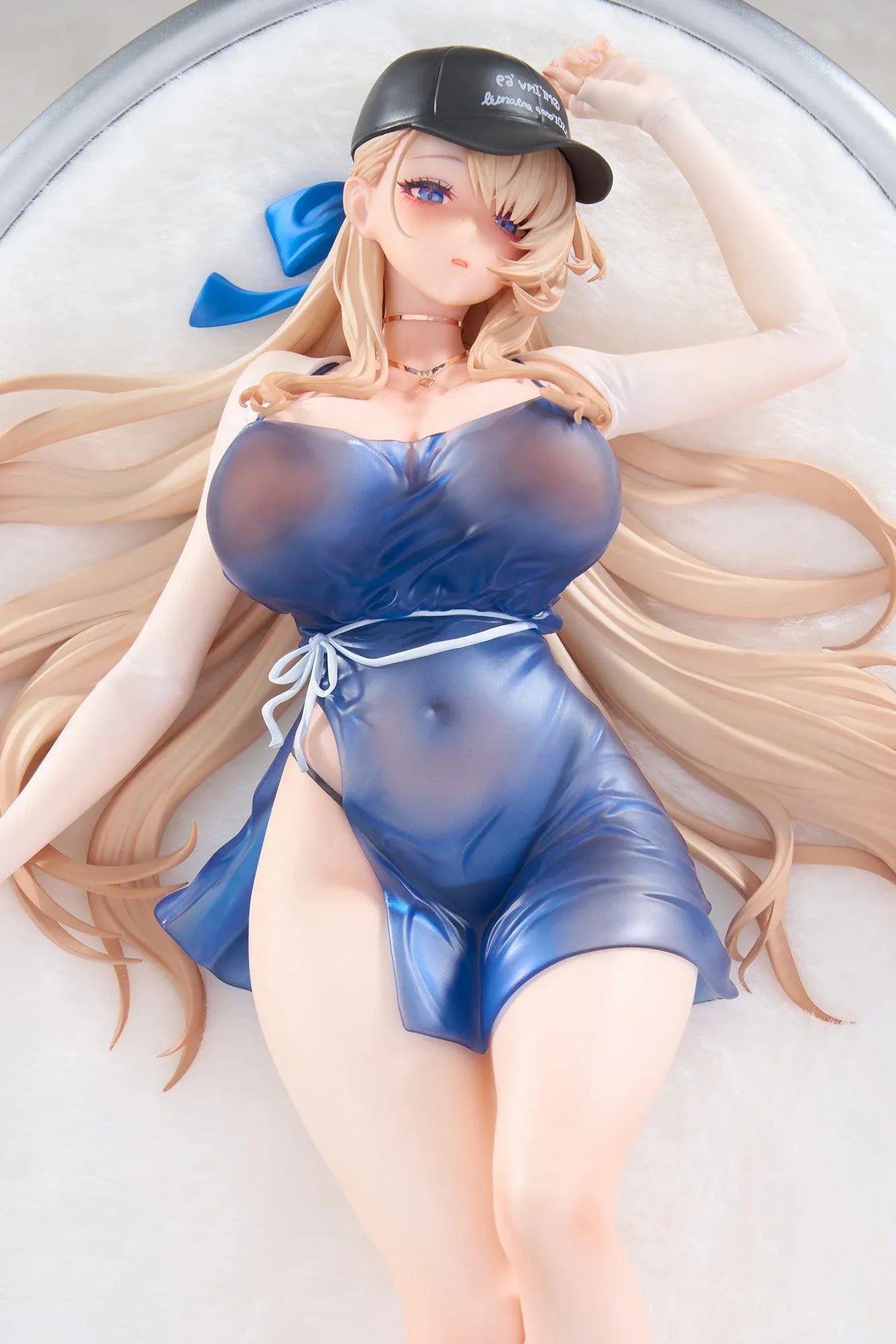 Brown Dust 2 Wilhelmina Water Park Queen 1/7 scale figure with bonus featuring Wilhelmina reclining on a cushion base in a translucent blue swimsuit with flowing blonde hair