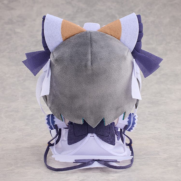 Azur Lane Cheshire Punipuni plushie with gray and teal hair, cat ears, embroidered eyes, and navy outfit sitting pose