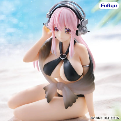 Super Sonico Swimsuit Black Color Ver Noodle Stopper figure with pink hair and headphones in seated pose