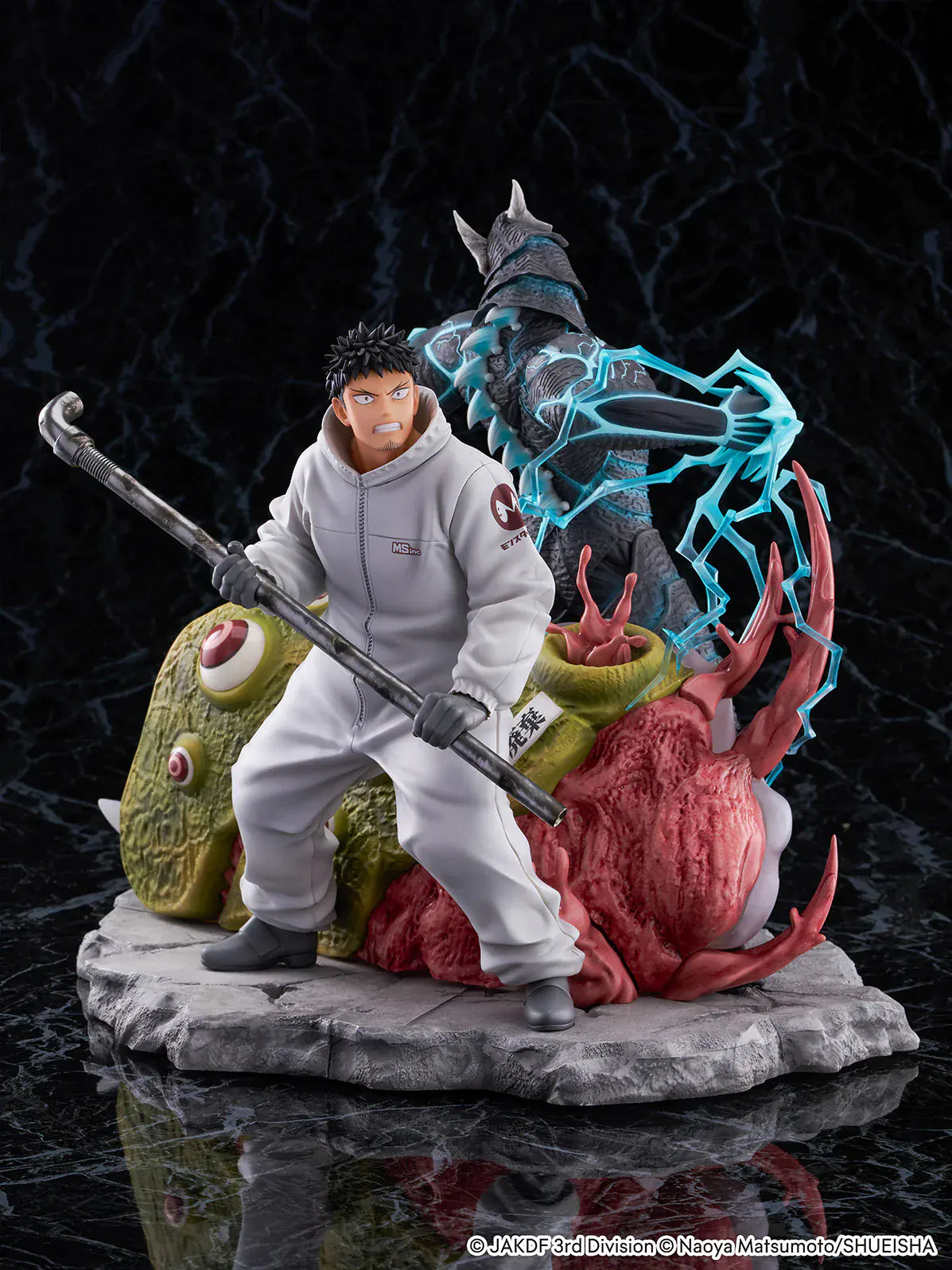 Kaiju No. 8 Kafka Hibino and Kaiju No. 8 1/7 scale figure diorama with Kafka wielding a pipe in front of the transformed kaiju and organic nest base