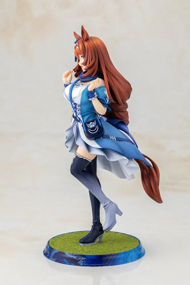 Uma Musume Pretty Derby Super Creek 1/7 Scale Figure featuring Super Creek in a blue-and-white outfit with red hair, horse ears, tail, and a cheerful pose on a themed base.