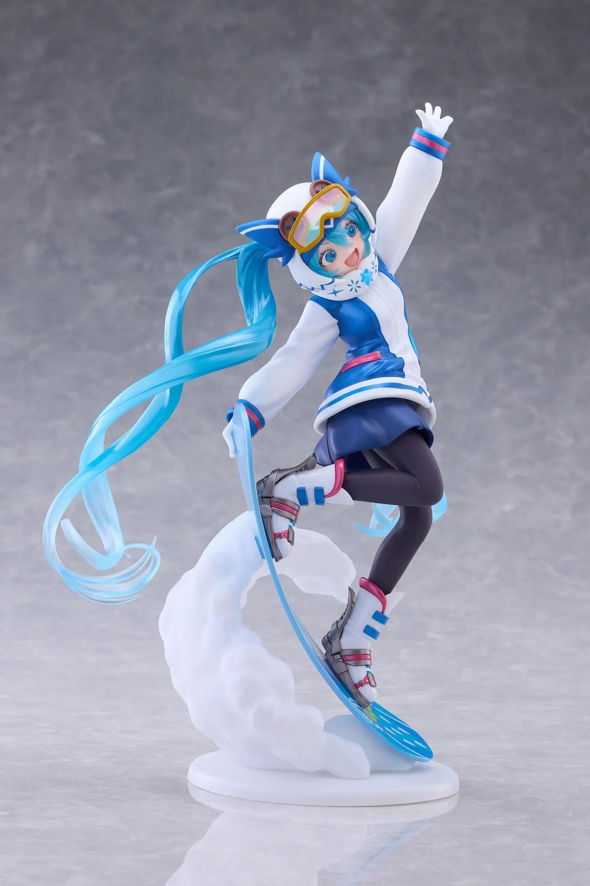 Snow Miku AMP+ All Stars 2016 Ver. figure posing on a blue patterned snowboard with goggles, flowing turquoise twin tails, and a snow effect base.