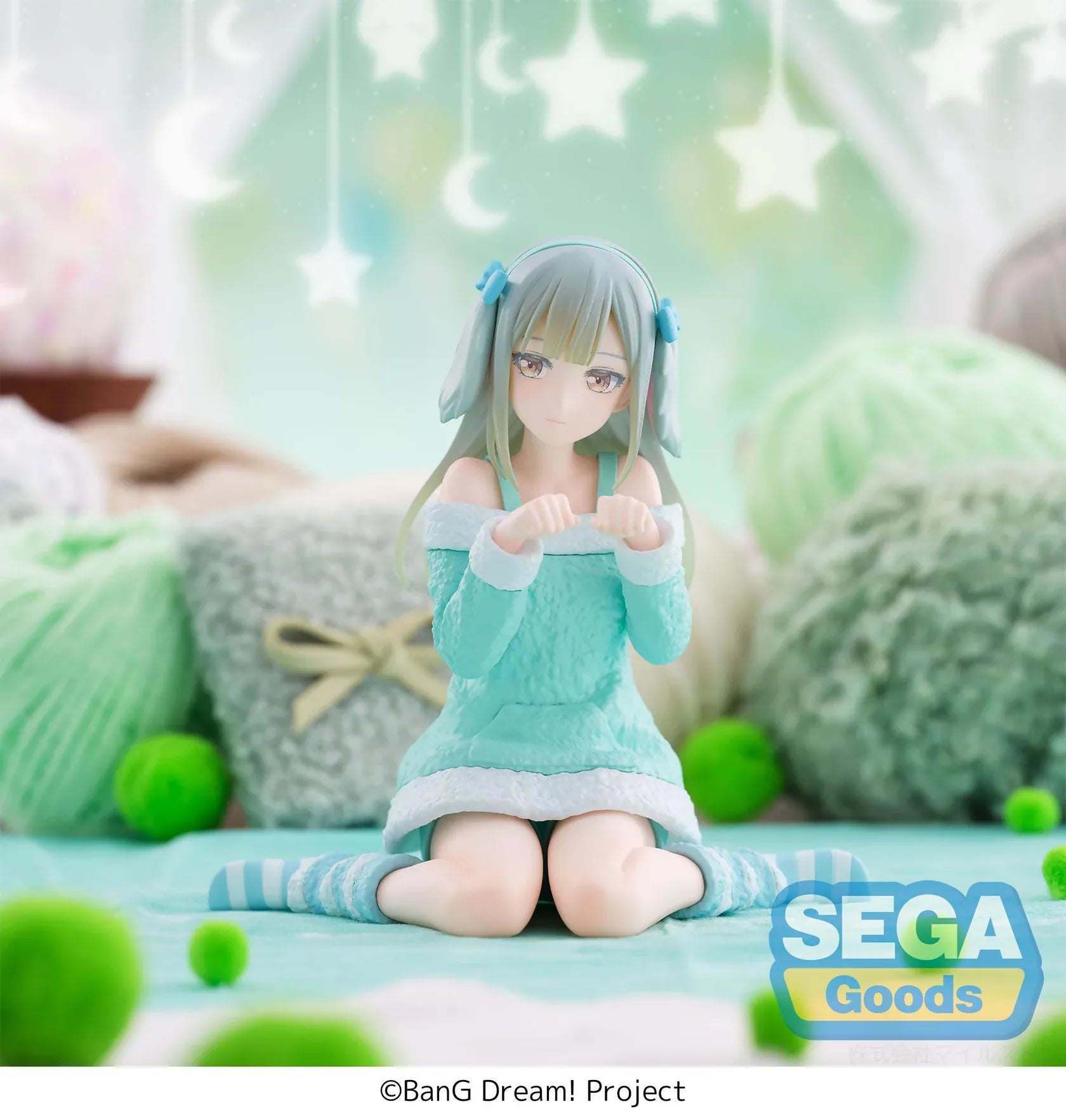 BanG Dream Yumemirize Mutsumi Wakaba Pajama Party Figure wearing mint green pajamas with striped socks
