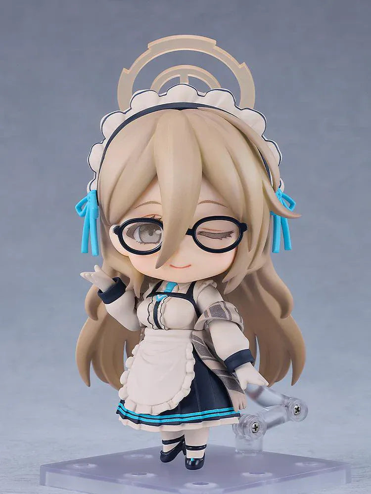 Chibi Nendoroid figure of Akane Murokasa from Blue Archive wearing a maid-style outfit with glasses and halo headpiece, holding a baton.