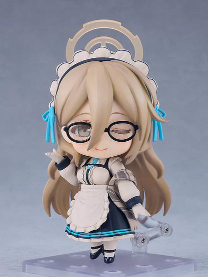 Chibi Nendoroid figure of Akane Murokasa from Blue Archive wearing a maid-style outfit with glasses and halo headpiece, holding a baton.