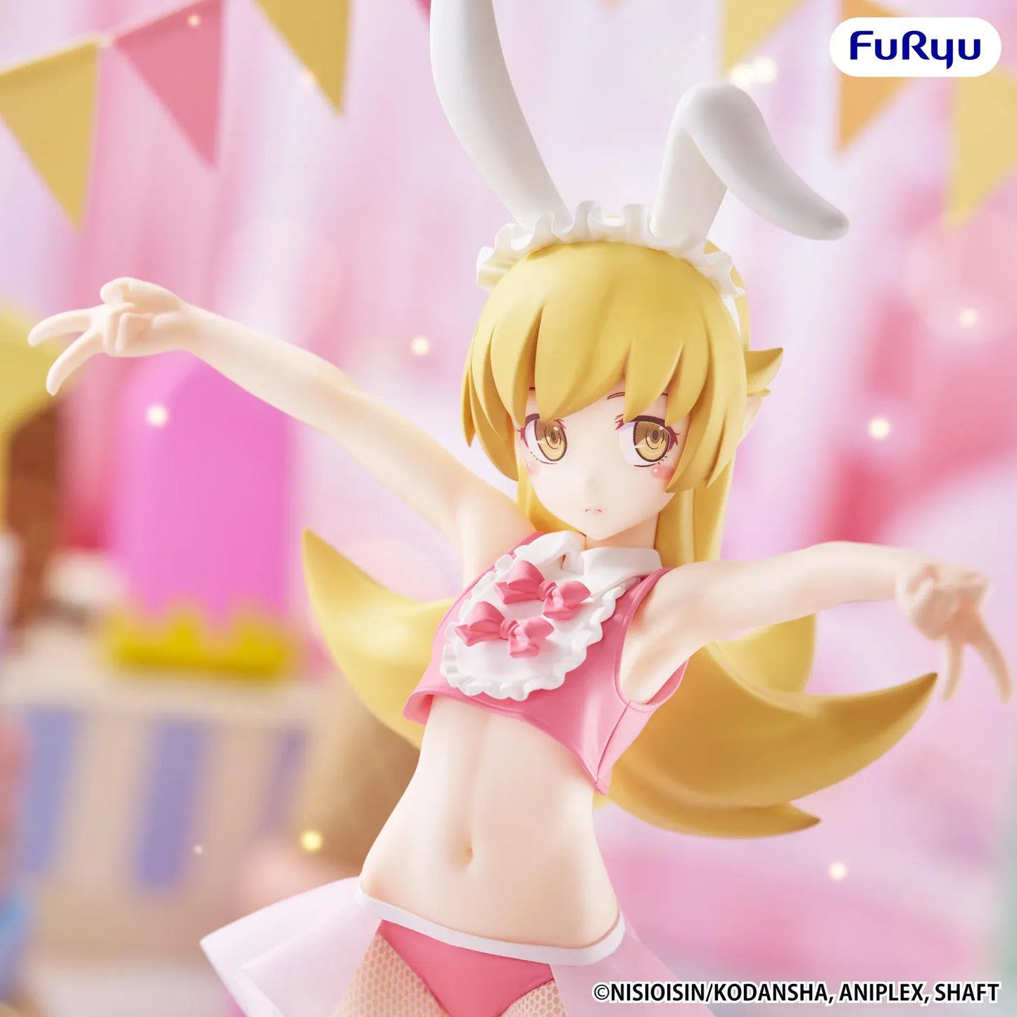 Monogatari BiCute Bunnies Shinobu Oshino Figure wearing a pink and white bunny outfit with white fishnet tights and bunny ears