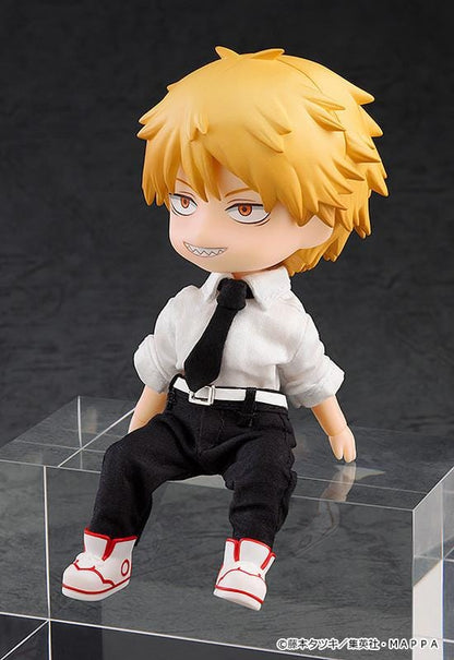 Chainsaw Man Nendoroid Doll Denji Rerelease featuring Denji in a chibi doll design with blonde hair, sharp grin, white shirt, black tie, black pants, and sneakers.