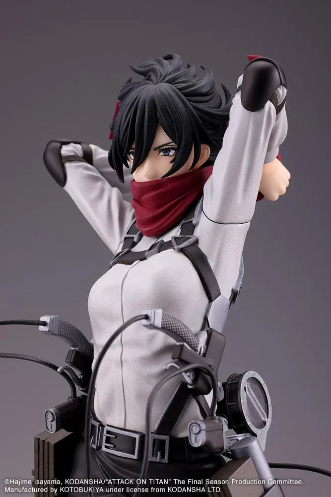 Attack on Titan Oshi Works Mikasa Ackerman The Final Season figure featuring Mikasa in her Survey Corps uniform adjusting her signature red scarf with detailed ODM gear