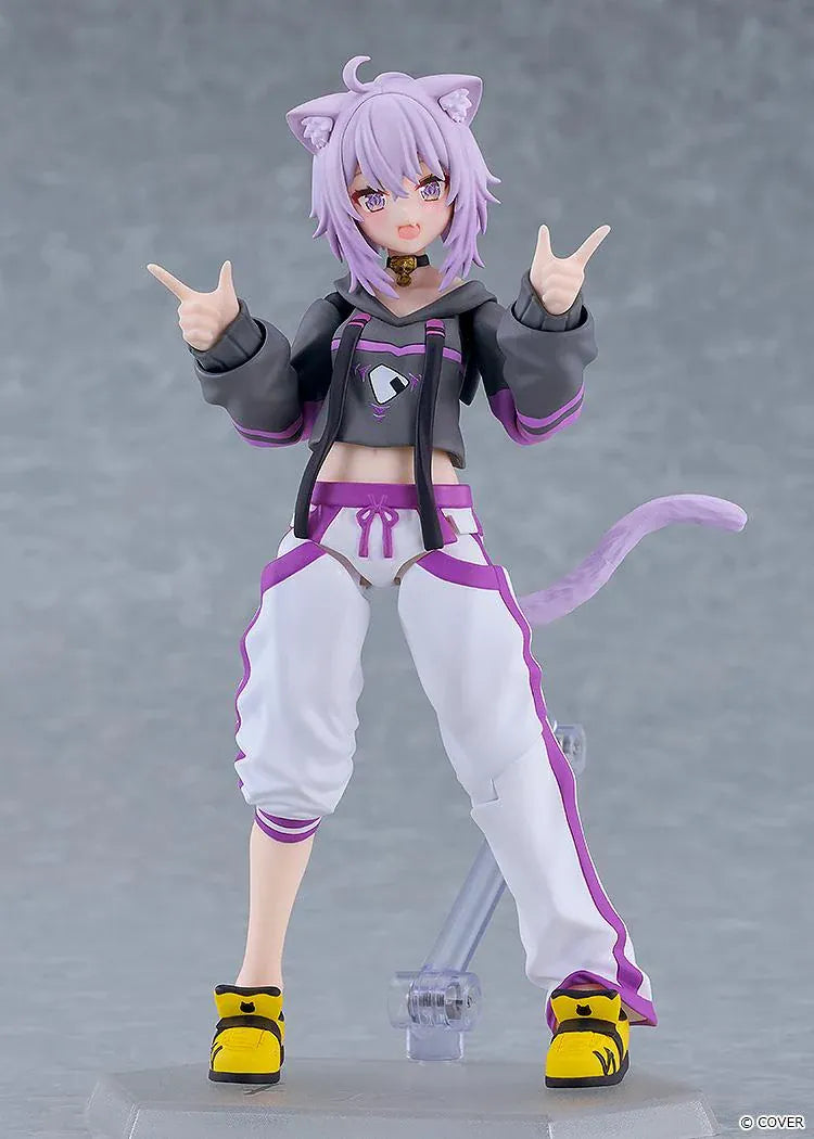 hololive production figma Nekomata Okayu Figure with lavender hair, cat ears and tail wearing her signature black purple and white outfit