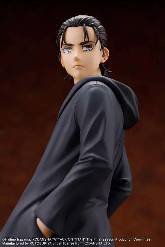 Attack on Titan Oshi Works Eren Yeager The Final Season Ver. Figure featuring Eren with slicked-back hair, dark coat, serious expression, and display base.