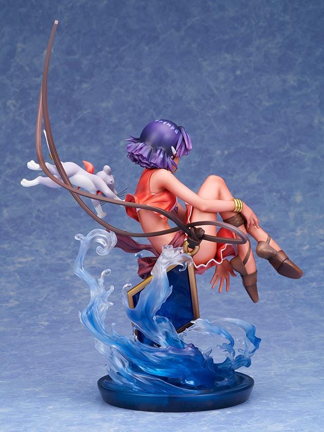 Nadia 1/7 scale figure in a red outfit with purple hair, a white lion companion, flowing ribbons, and swirling blue water effects.