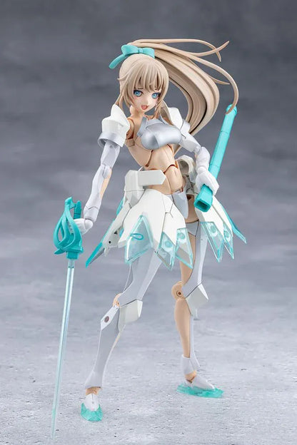 Megalomaria Unlimited Universe Emulator model kit wearing white armor with translucent teal parts and wielding teal weapons.