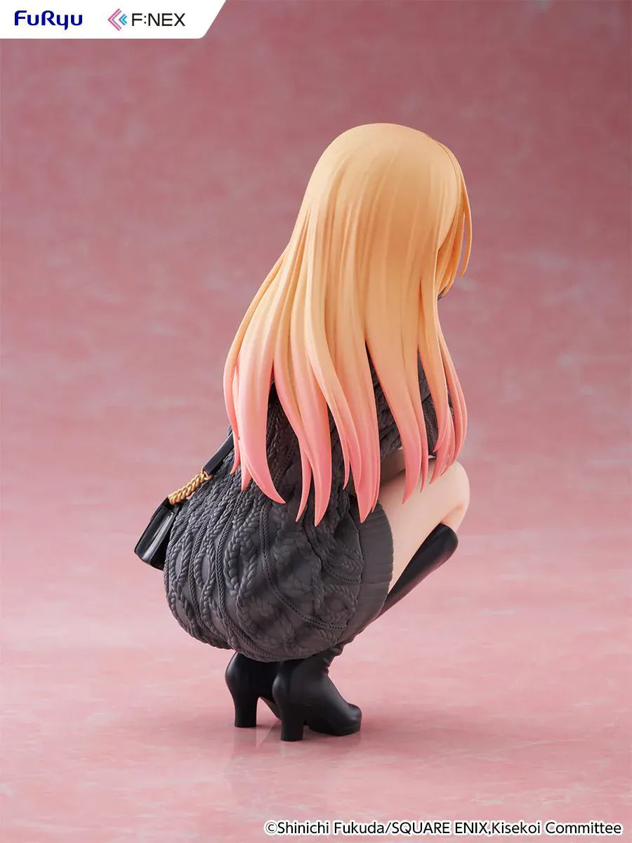 My Dress-Up Darling Kitagawa Marin knit ver. 1/6 Scale Figure featuring Marin with long blonde hair, gray oversized sweater, black boots, quilted bag, and crouching pose.