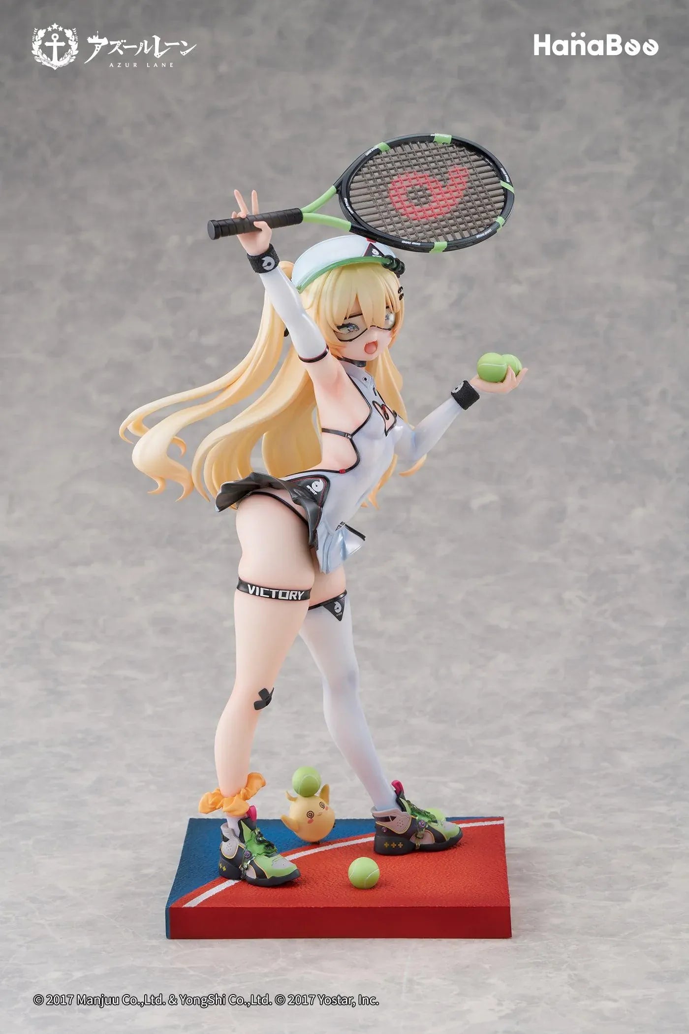 Azur Lane Bache Showy Sports Star Deluxe Ver. 1/6 Scale Figure featuring Bache in a tennis-inspired outfit with racket, tennis balls, display base, bonus artwork, and character can badge.