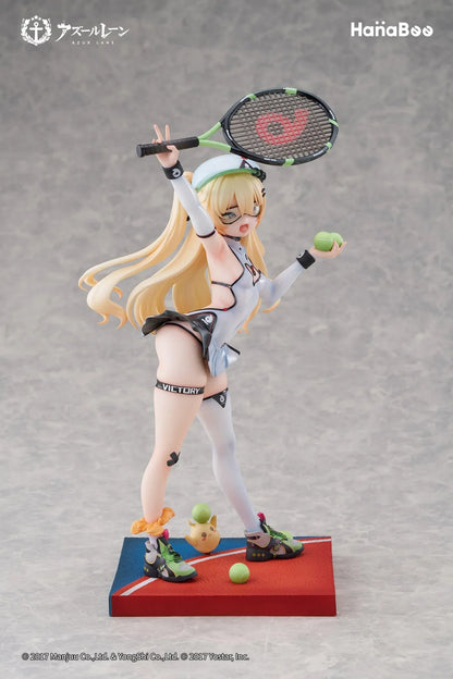 Azur Lane Bache Showy Sports Star Deluxe Ver. 1/6 Scale Figure featuring Bache in a tennis-inspired outfit with racket, tennis balls, display base, bonus artwork, and character can badge.