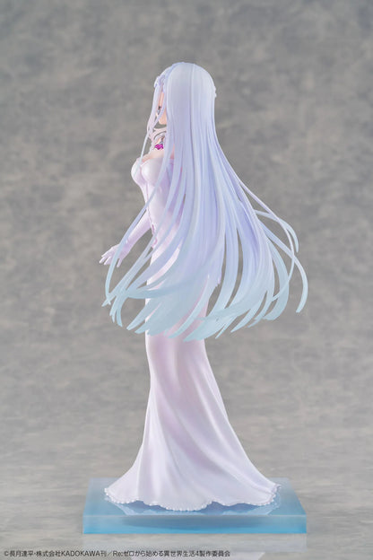 Re Zero Emilia Wedding Dress Ver. 1/7 Scale Figure wearing an elegant flowing white bridal gown with silver hair and floral accessories