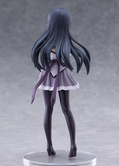 Homura Akemi figure with long black hair, violet eyes, a white and purple outfit, and diamond-patterned stockings, smiling with one hand resting on her arm.