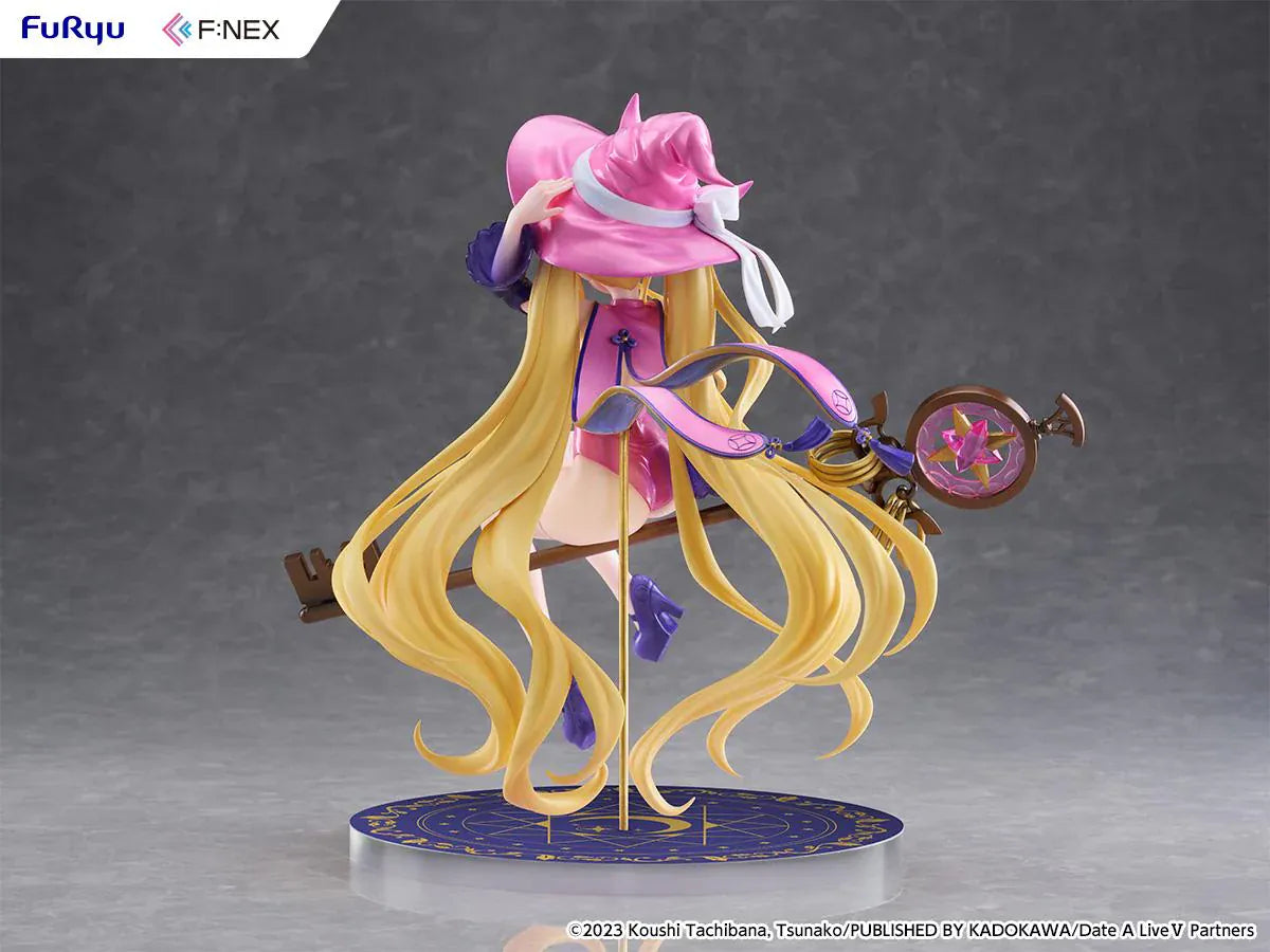 Date A Live V Mukuro Hoshimiya Witch Style Ver. 1/7 Scale Figure featuring Mukuro with long blonde hair, pink witch outfit, large witch hat, key-shaped staff, and magical display base.