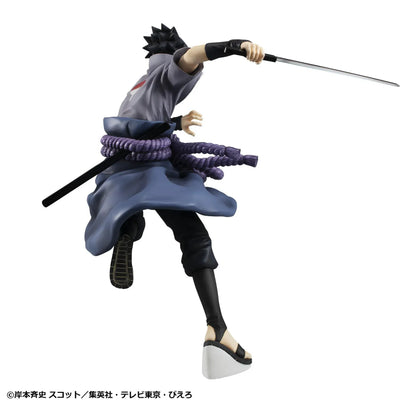 Naruto Shippuden G.E.M. Series Sasuke Uchiha Great Ninja War Ver. Reissue figure in battle pose with sword, purple rope belt, and effect detail