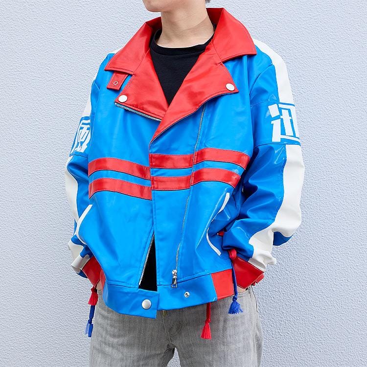 Umamusume Pretty Derby Tamamo Cross blue and red faux leather biker jacket with lightning bolt design and kanji symbols