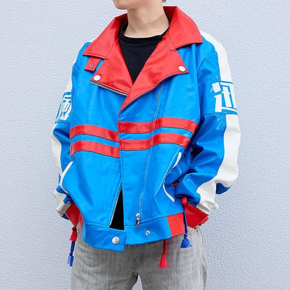 Umamusume Pretty Derby Tamamo Cross blue and red faux leather biker jacket with lightning bolt design and kanji symbols
