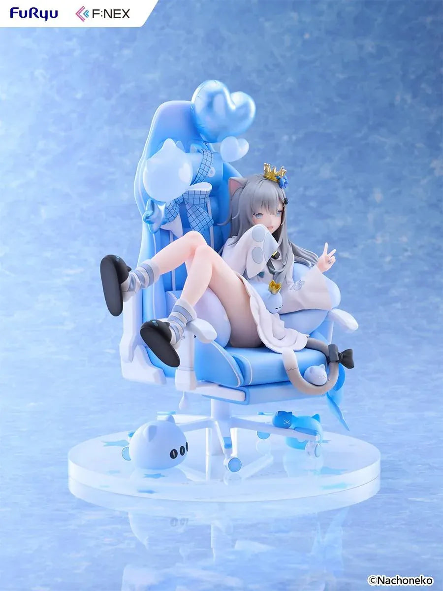 Nachoneko Birthday Ver. 1/7 Scale Figure by FuRyu F featuring a silver-haired cat girl with a golden crown relaxing in a blue gaming chair decorated with balloons, ribbons, and cat accessories.
