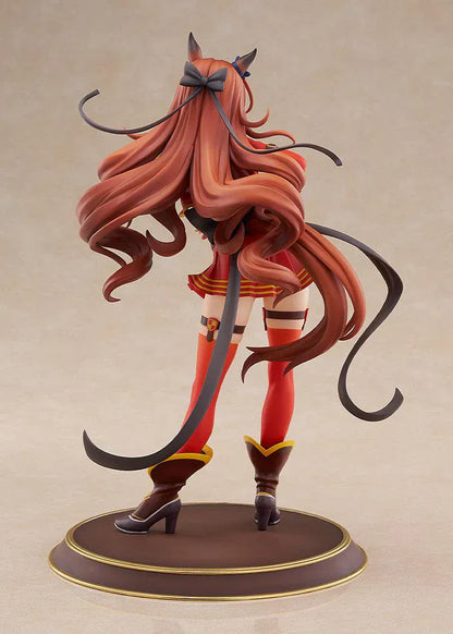 1/7 scale Uma Musume: Pretty Derby Maruzensky Signature Racewear Ver. figure, winking and posing in a red race uniform with long flowing brown hair and decorative horseshoe base.