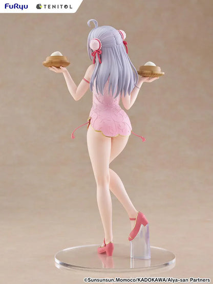 Alya Sometimes Hides Her Feelings in Russian TENITOL TALL Alya Cheongsam ver. Figure featuring Alya with long silver hair, pink cheongsam outfit, steamed bun accessories, and pink shoes.