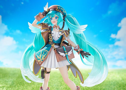 1/7 scale Hatsune Miku 100th Adventure Ver. figure in teal traveler outfit with long twin-tails and compass-style base