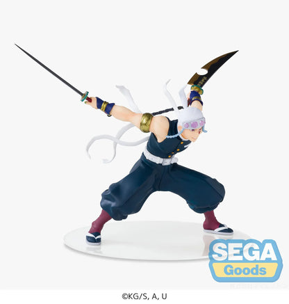 Demon Slayer FIGURIZMα Tengen Uzui figure in a wide stance with twin chained blades extended, a jeweled headband, and gold arm bands on a white base.