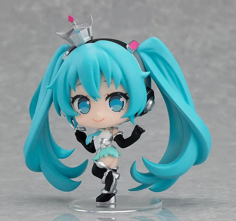 Eight featured Racing Miku All Stars Vol.2 chibi figure designs with turquoise twin-tails, varied outfits, crowns, flowers, goggles, and playful poses.