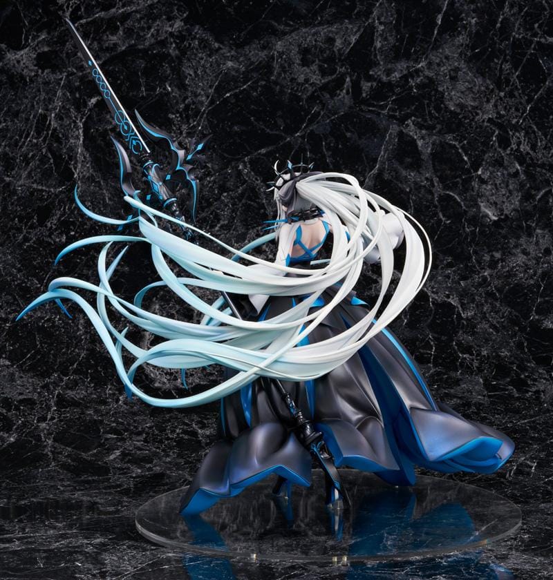 Fate Grand Order Berserker Morgan Le Fay Final Ascension Ver 1/7 Scale Figure with flowing silver hair and large black and blue weapon