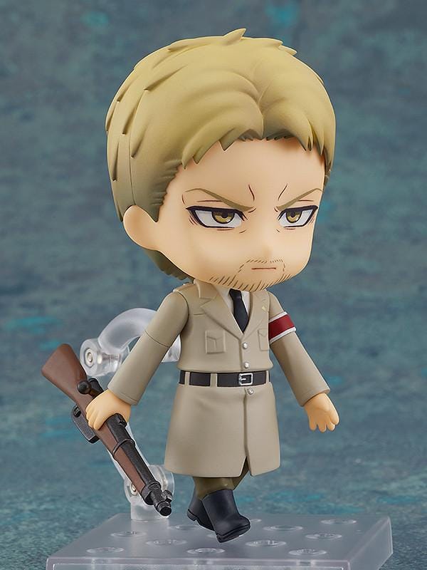Attack on Titan Nendoroid Reiner Braun rerelease figure with blonde hair, facial stubble, crossed arms, and a tan Marleyan uniform.