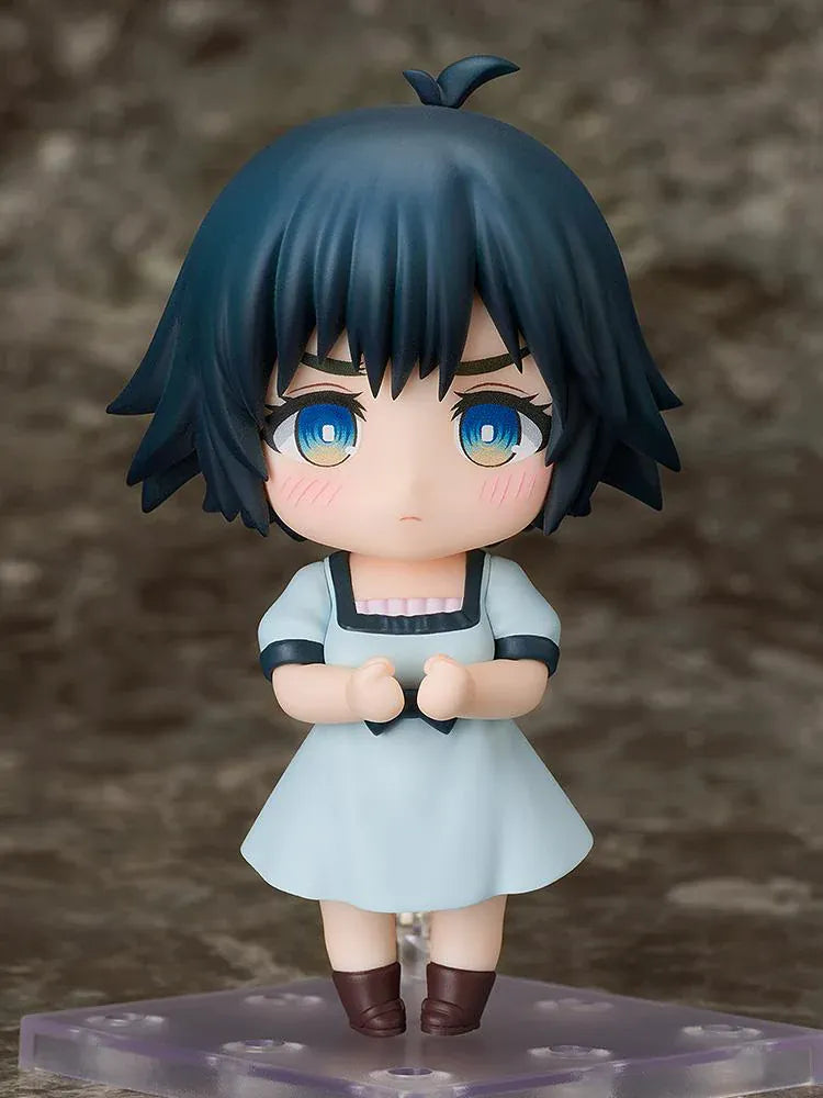 STEINS;GATE Nendoroid Mayuri Shiina 2.0 with short dark hair, blue eyes, a pale blue hat and dress, and brown boots.