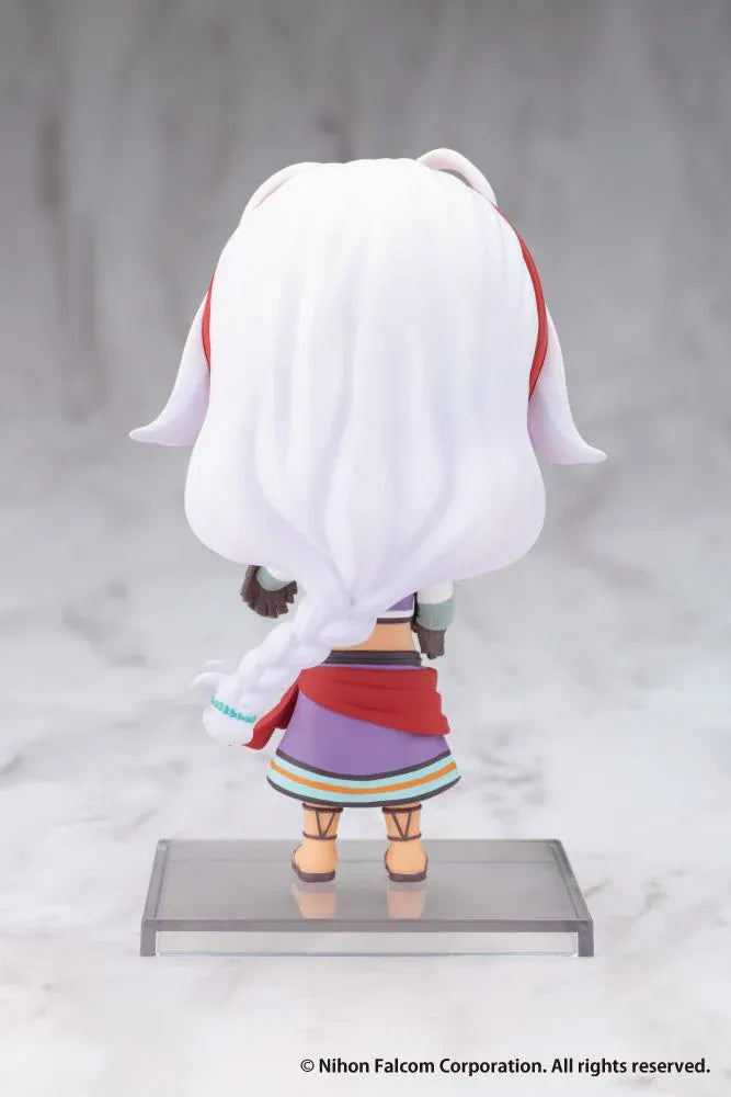 Trails in the Sky Oshi Works Mini Scherazard Harvey figure with white hair, turquoise eyes, gold-colored hoop earrings, purple outfit, and red sash.
