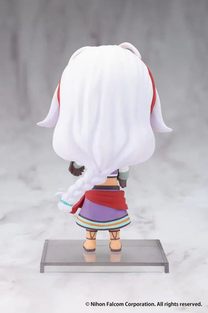 Trails in the Sky Oshi Works Mini Scherazard Harvey figure with white hair, turquoise eyes, gold-colored hoop earrings, purple outfit, and red sash.