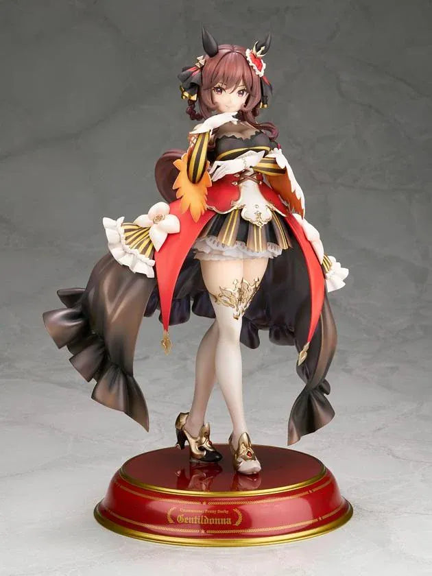 Umamusume Pretty Derby Gentildonna 1/7 Scale Figure featuring a brown-haired horse girl with a playful wink, an elaborate black, red, and gold outfit, flowing decorative fabric, white ruffles, ornate accessories, elegant stockings, and gold-accented heels standing on a red and gold circular display base.