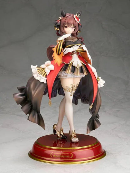 Umamusume Pretty Derby Gentildonna 1/7 Scale Figure featuring a brown-haired horse girl with a playful wink, an elaborate black, red, and gold outfit, flowing decorative fabric, white ruffles, ornate accessories, elegant stockings, and gold-accented heels standing on a red and gold circular display base.