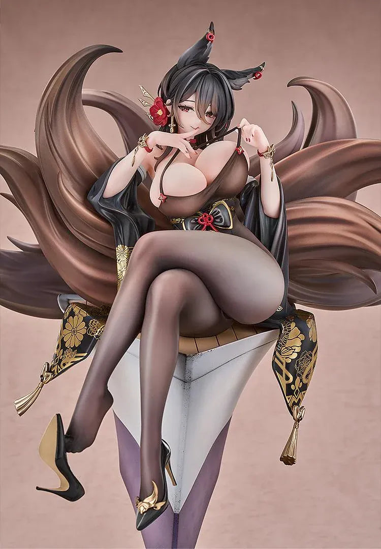 Azur Lane Oumi 1/7 scale figure seated cross-legged on an angular pedestal, with sweeping brown tails and a black outfit decorated with gold flowers.