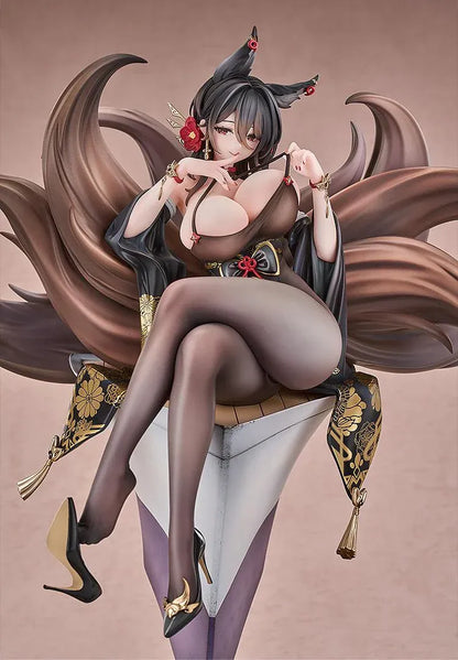 Azur Lane Oumi 1/7 scale figure seated cross-legged on an angular pedestal, with sweeping brown tails and a black outfit decorated with gold flowers.