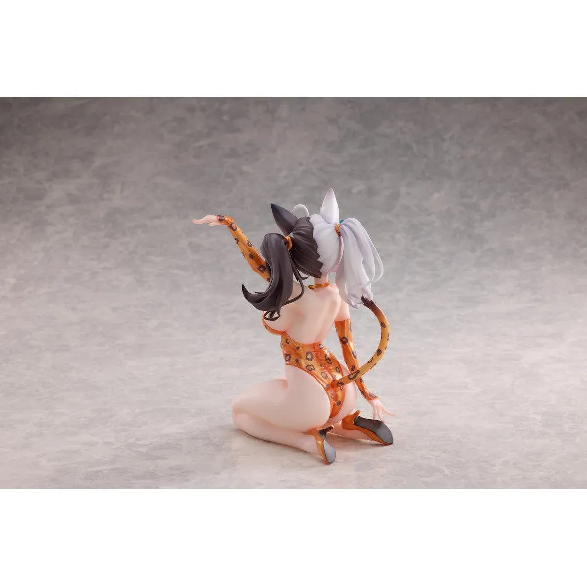Astral Party Nancy Lu 1/6 Scale Figure featuring a black and white-haired anime girl with purple eyes wearing an orange leopard-print bodysuit, animal ears, and a spotted tail in a playful kneeling pose, accompanied by matching illustrated artwork.