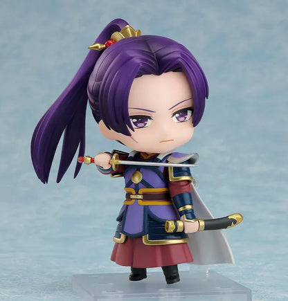 The Apothecary Diaries Nendoroid Jinshi Armor Ver. Figure featuring Jinshi with purple hair, detailed armor, gold accents, cape, and sword accessory.